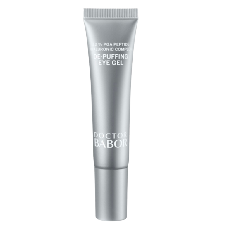 Doctor Babor De-Puffing Eye Gel mit PGA Peptide Hyaluronic Complex in silberner Tube, kühlendes Augenpflege-Gel gegen Schwellungen und Augenringe