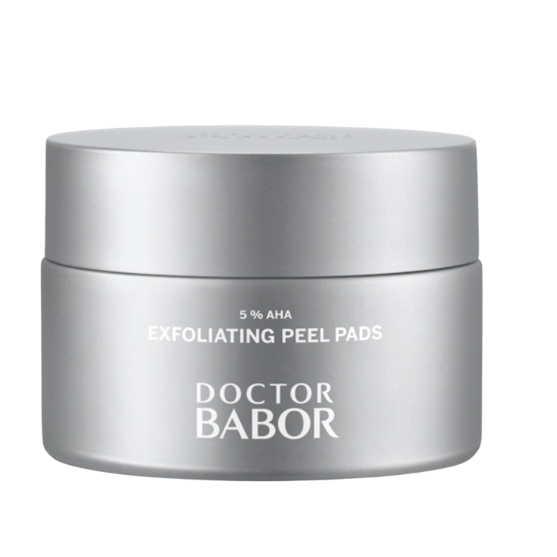 Doctor Babor Exfoliating Peel Pads mit 5% AHA in silberner Dose für sanftes Peeling, glattere Haut und verfeinertes Hautbild