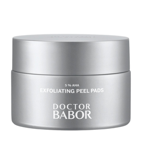 Doctor Babor Exfoliating Peel Pads mit 5% AHA in silberner Dose für sanftes Peeling, glattere Haut und verfeinertes Hautbild