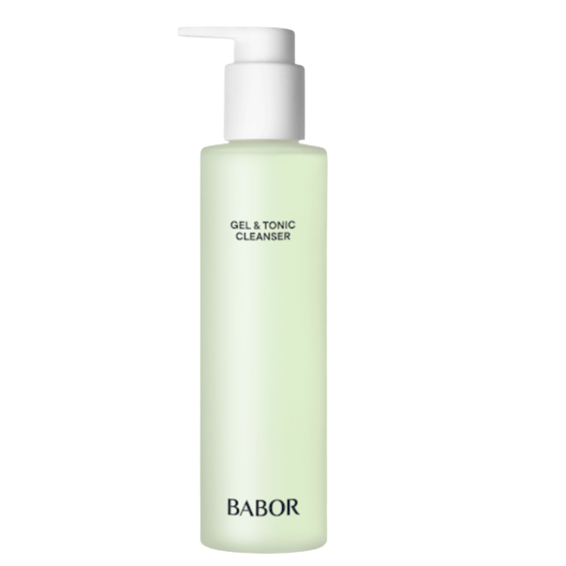 BABOR Gel & Tonic Cleanser in transparenter, grünlicher Pumpspender-Flasche, erfrischender 2-in-1 Gesichtsreiniger und Toner für gründliche Reinigung und ein klares, vitalisiertes Hautbild.