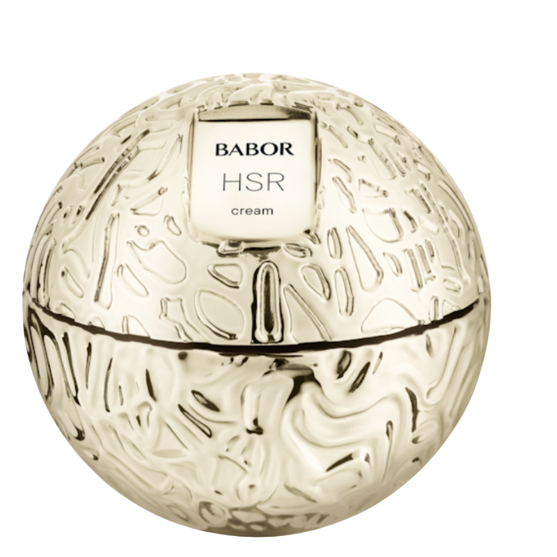 BABOR HSR Cream in luxuriösem, kugelförmigem goldenen Tiegel mit strukturierter Oberfläche, hochwertige Anti-Aging Gesichtscreme für straffere Haut und sichtbar reduzierte Falten.