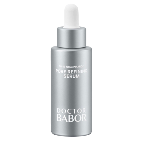 Doctor Babor Pore Refining Serum mit 10% Niacinamid in silberner Pipettenflasche für verfeinerte Poren und ein klares Hautbild