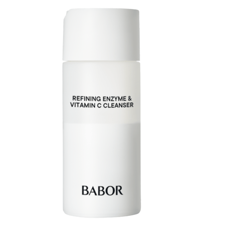 BABOR Refining Enzyme & Vitamin C Cleanser in eleganter weißer Flasche, enzymatischer Gesichtsreiniger mit Vitamin C für porentiefe Reinigung, sanftes Peeling und einen strahlenden, ebenmäßigen Teint.
