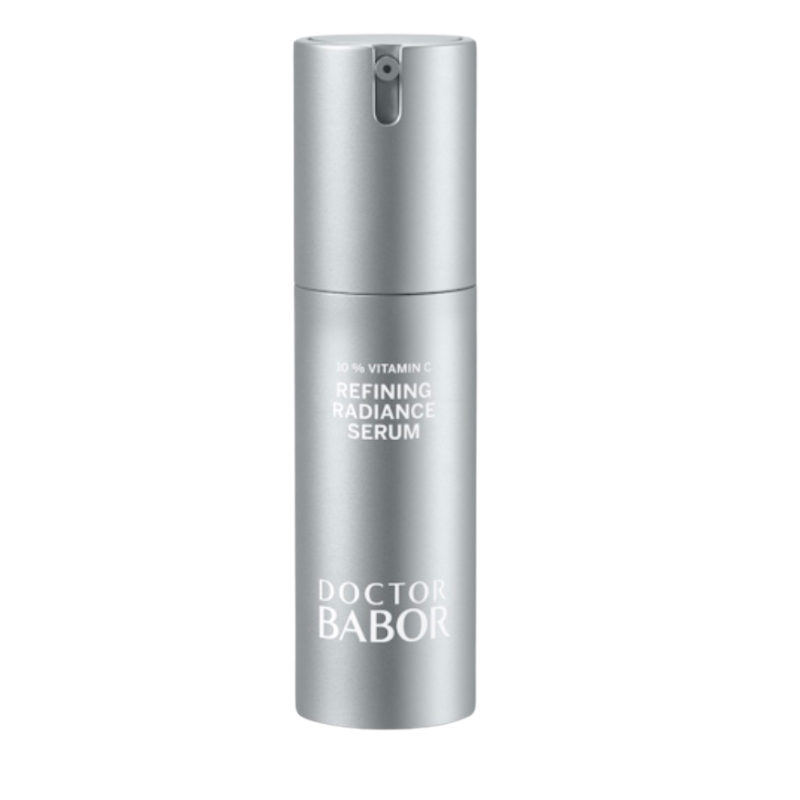 Doctor Babor Refining Radiance Serum mit Vitamin C in silberner Pumpflasche für strahlende Haut und ebenmäßigen Teint