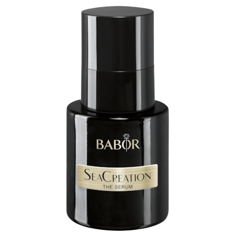BABOR SeaCreation The Serum in luxuriöser schwarzer Flasche mit Pumpspender und goldenem Label, hochwirksames Anti-Aging Serum für intensive Regeneration, glattere Haut und ein sichtbar verfeinertes Hautbild.